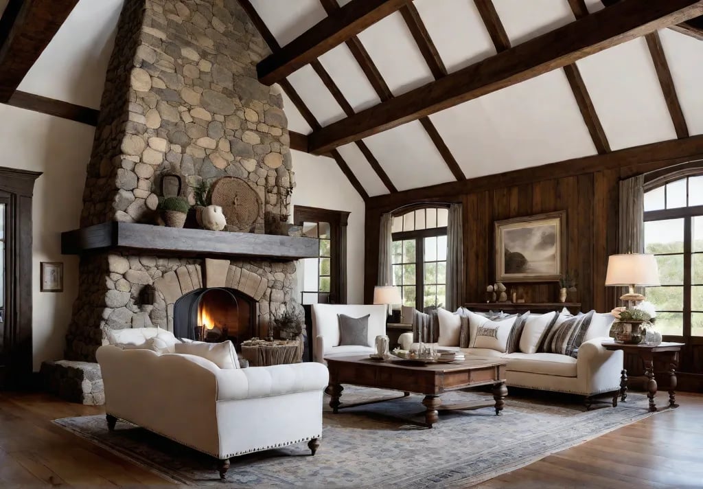 A cozy living room bathed in natural light with exposed wooden beamsfeat