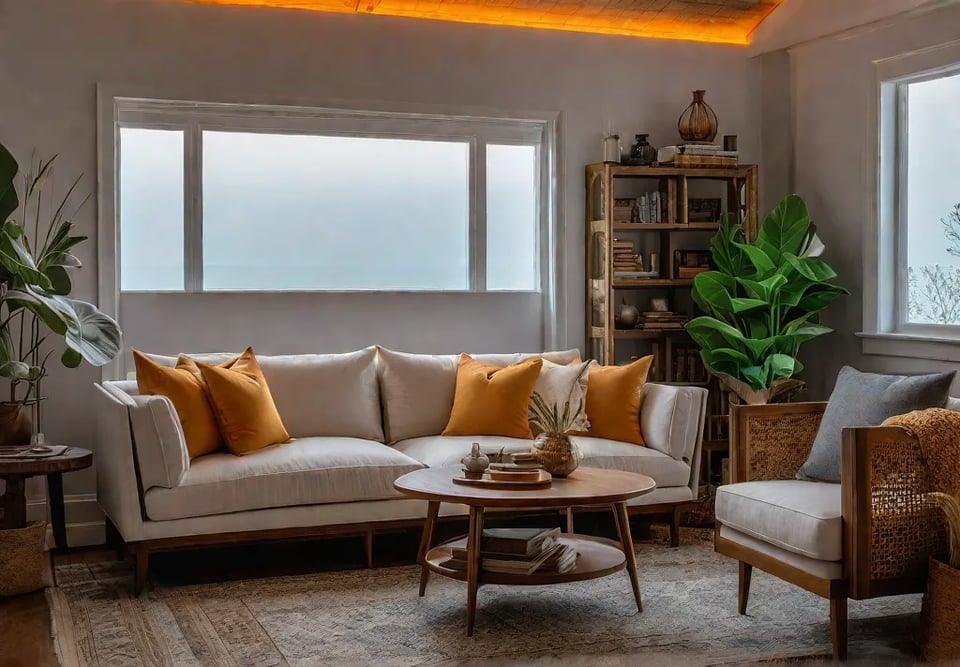 A cozy living room bathed in the warm glow of a settingfeat