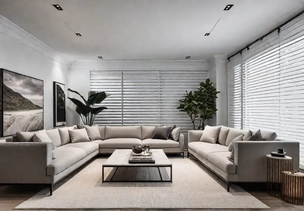 A cozy living room bathed in warm diffused light from a combinationfeat