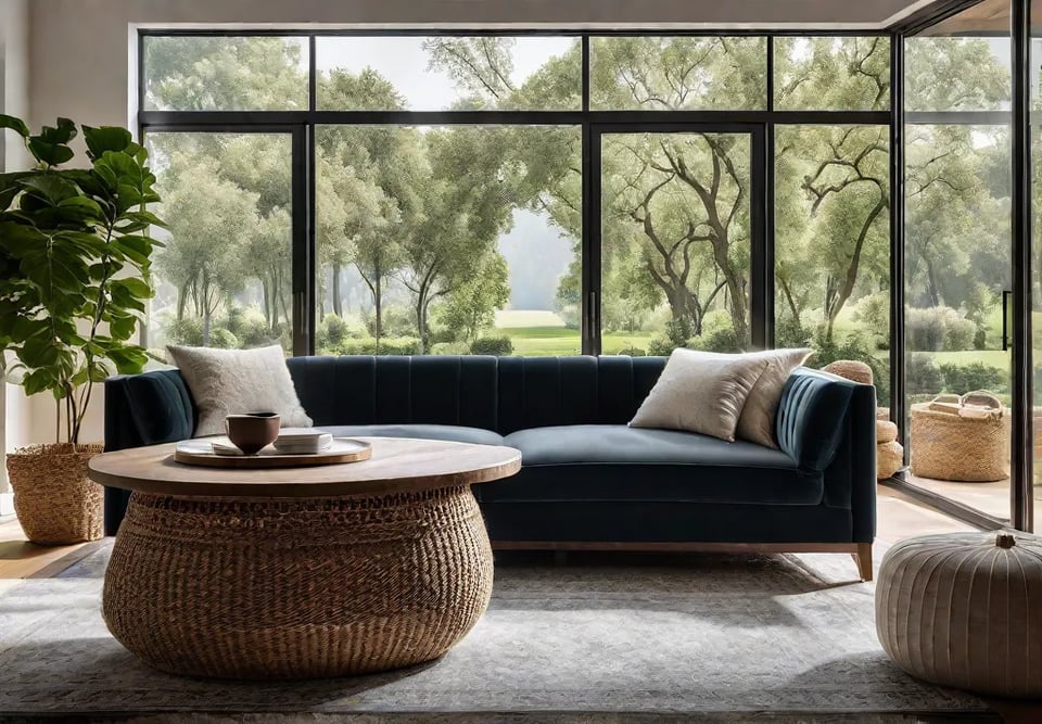 A cozy living room bathed in warm sunlight featuring a plush whitefeat