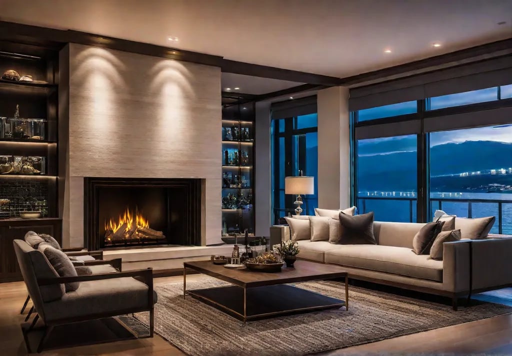 A cozy living room with warm ambient lighting plush textiles and comfortablefeat