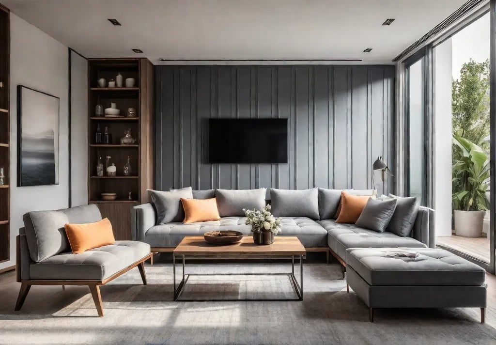 A cozy modern apartment living room bathed in sunlight featuring a sleekfeat