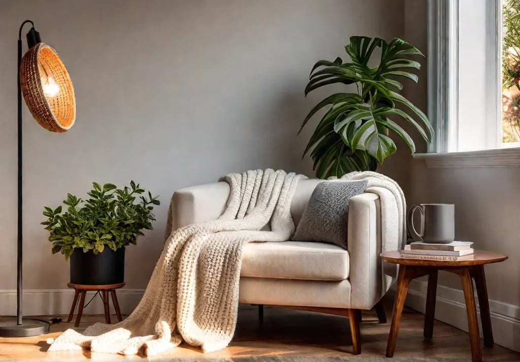 A cozy reading nook in the corner of a bedroom bathed infeat