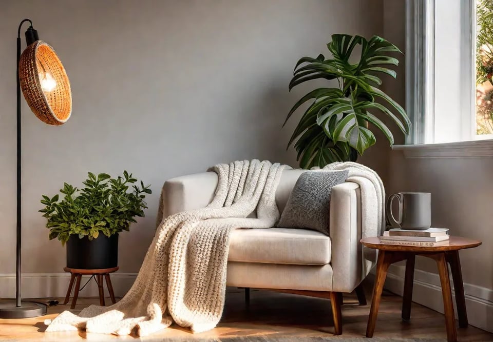 A cozy reading nook in the corner of a bedroom bathed infeat