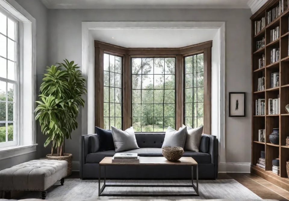 A cozy reading nook nestled within a bay window bathed in naturalfeat