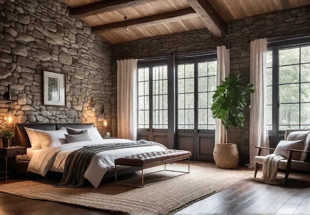 A cozy rustic bedroom with a kingsize bed draped in linen sheetsfeat