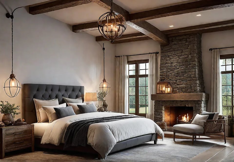 A cozy rustic bedroom with exposed wooden beams and a stone fireplacefeat