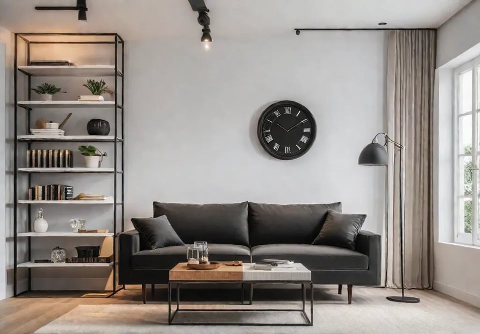 A cozy small living room featuring a plush sofa bed with builtinfeat