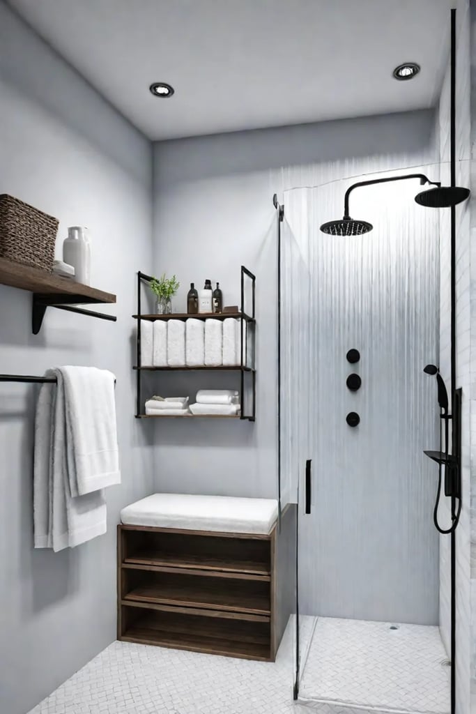 A family shower with a mix of storage solutions for customization