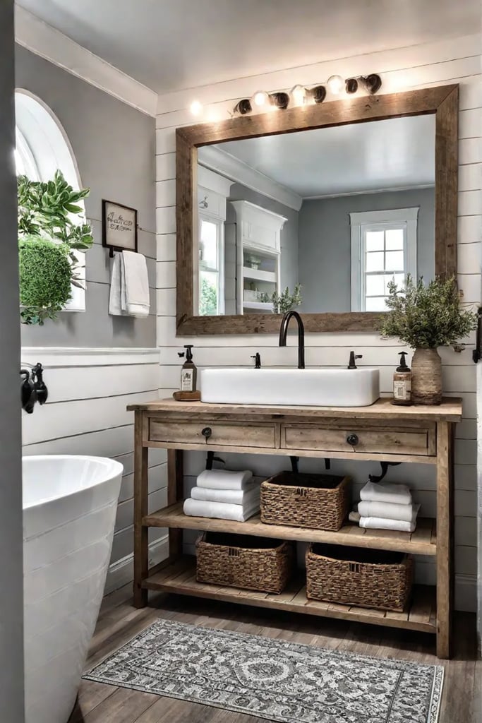 A harmonious farmhouse bathroom with shiplap walls a rustic vanity and a