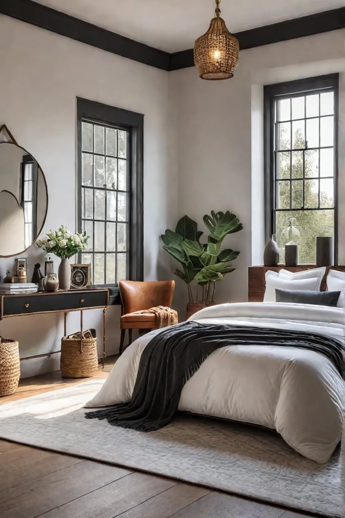 A large area rug in a spacious rustic bedroom