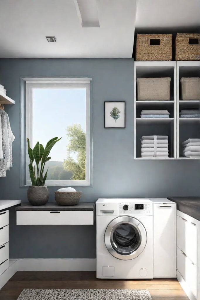 A laundry room with a hidden ironing board