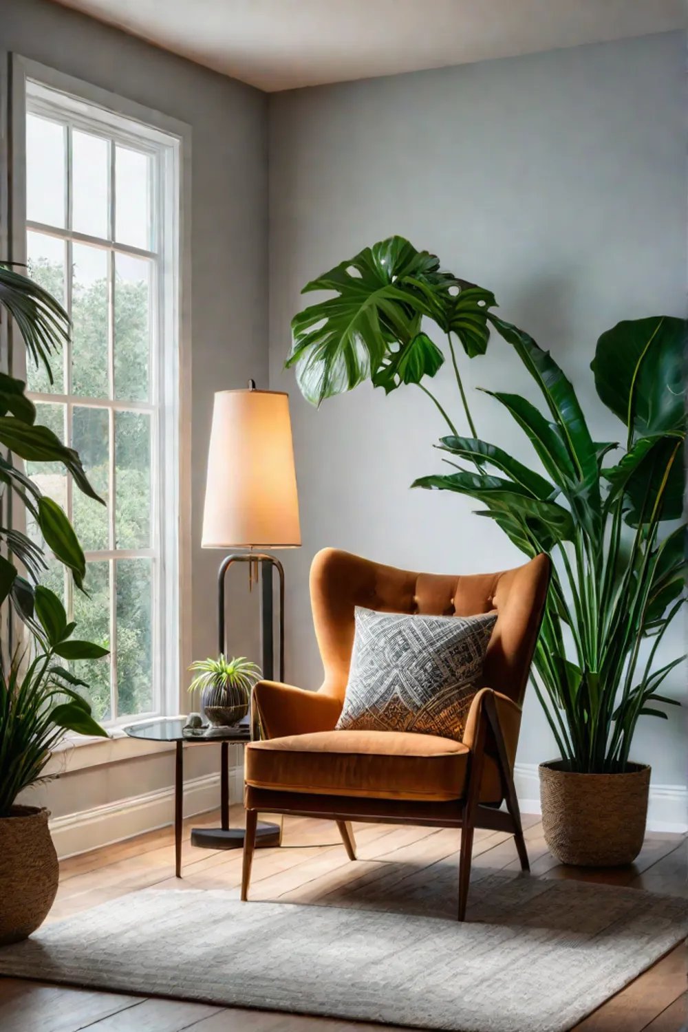 A lightfilled living room with a focus on greenery and natural elements