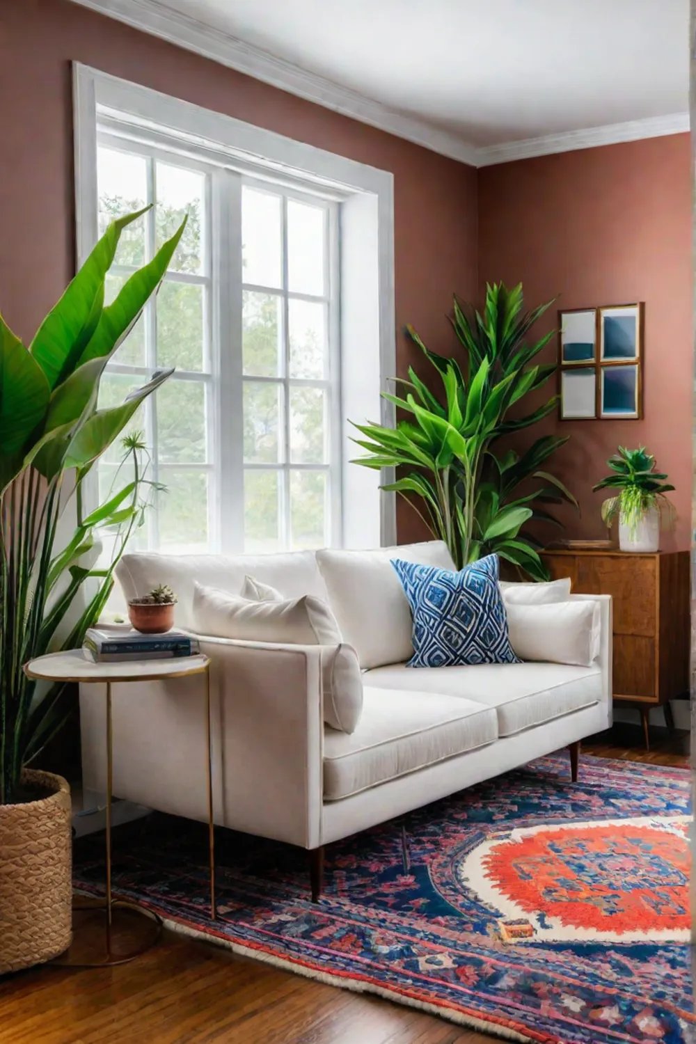 A living room with a bold accent wall and thrifted furniture