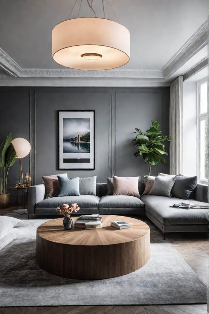 A living room with geometric artwork