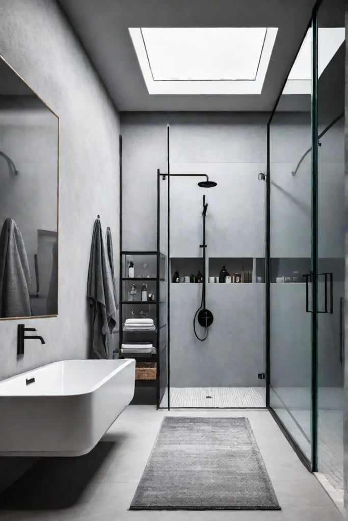 A luxurious shower with a custombuilt storage unit and integrated lighting