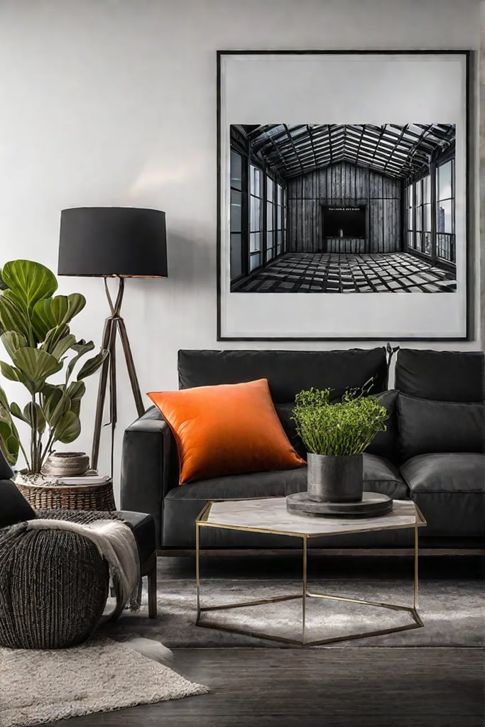 A minimalist living room with a black and white photograph