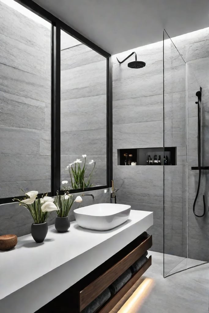 A minimalist shower with a natural stone corner shelf
