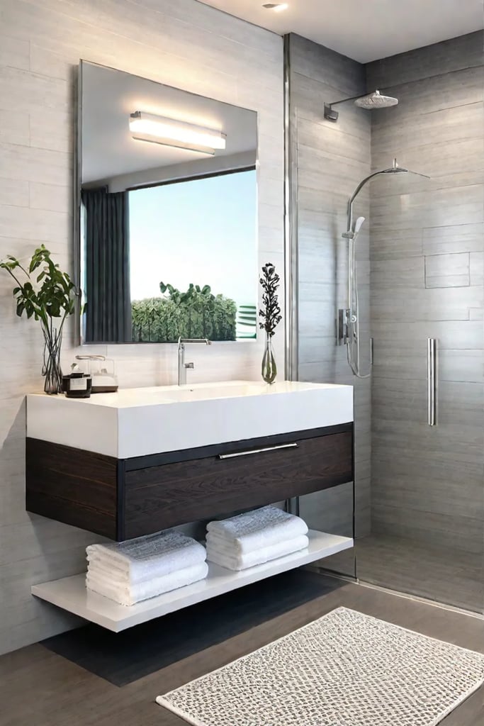 A minimalist shower with corner shelves holding towels and bath products