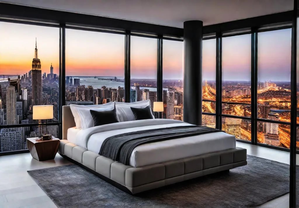 A modern bedroom with a sleek platform bed geometric accent wall andfeat