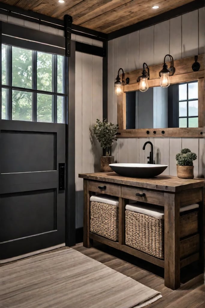 A modern farmhouse bathroom with a shiplap wall a distressed wood vanity