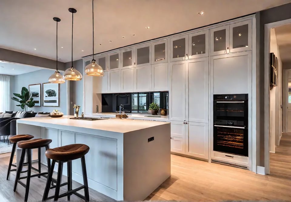 A modern kitchen bathed in warm inviting ambient light showcasing a spaciousfeat