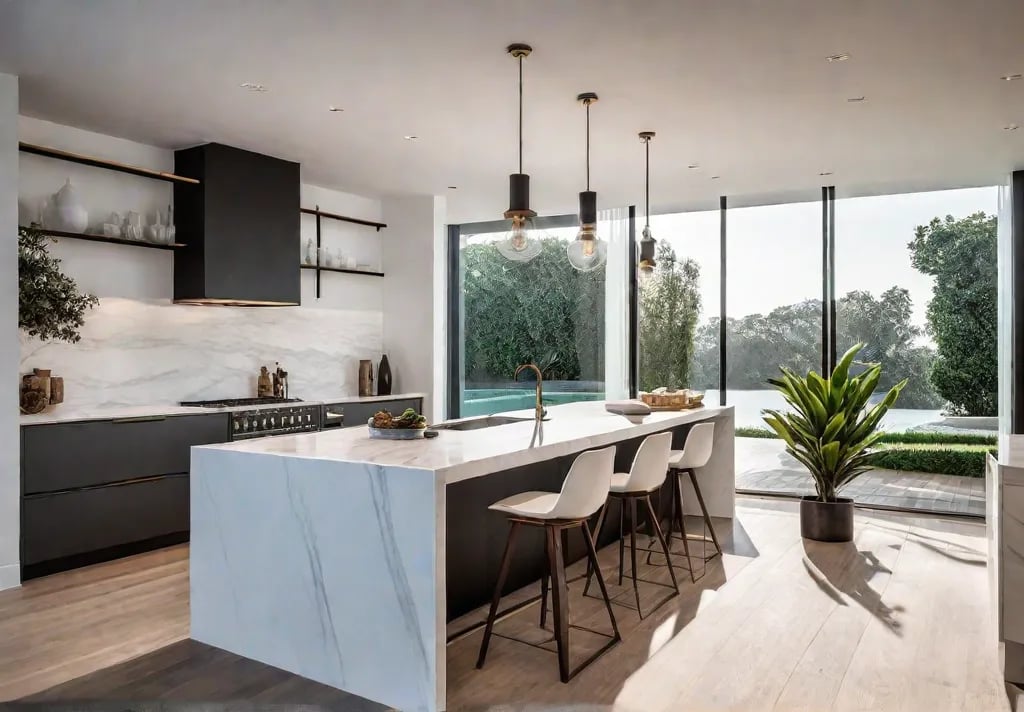 A modern kitchen featuring a sleek Ushaped island with a white quartzfeat