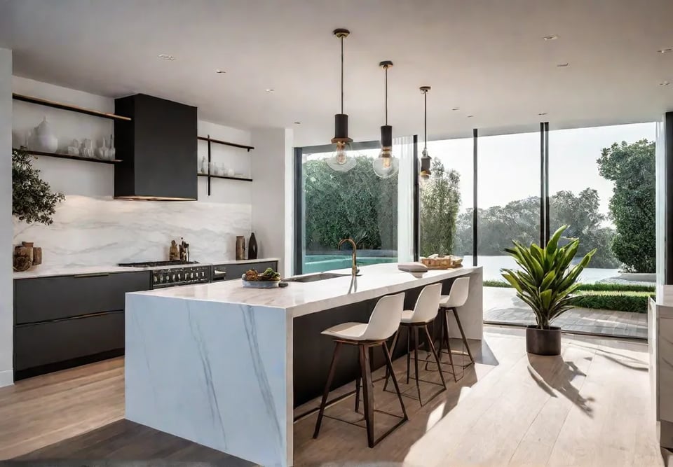 A modern kitchen featuring a sleek Ushaped island with a white quartzfeat