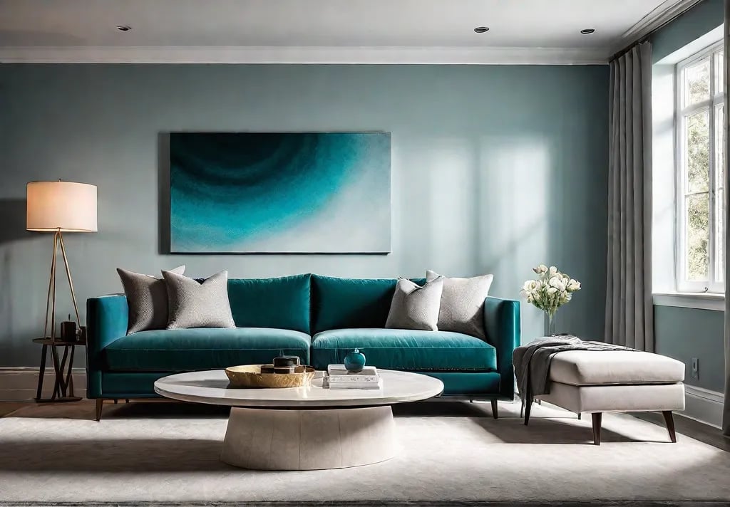 A modern living room bathed in soft neutral tones of beige andfeat