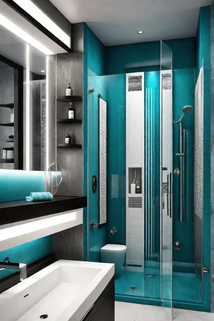 A modern shower with clear acrylic shelves and organizers