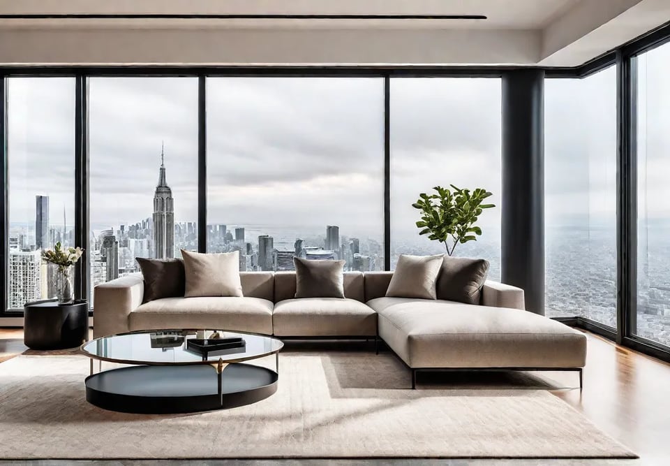 A modern style living room with a neutral color palette featuring afeat