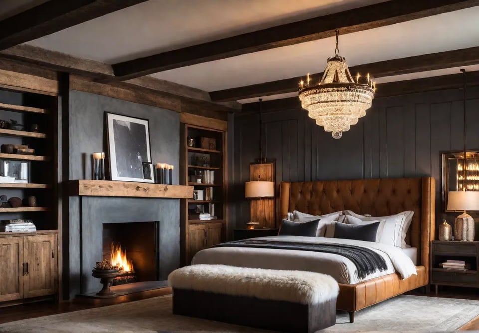 A rustic bedroom bathed in the warm glow of a crackling fireplacefeat