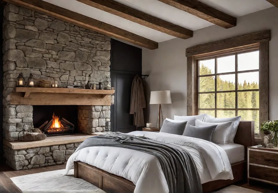 A rustic bedroom retreat bathed in soft natural light with exposed woodenfeat
