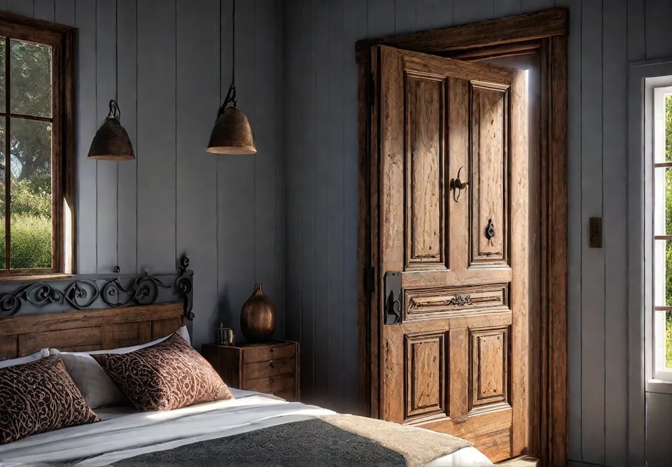 A rustic bedroom with a reclaimed wood door adorned with vintage wroughtfeat