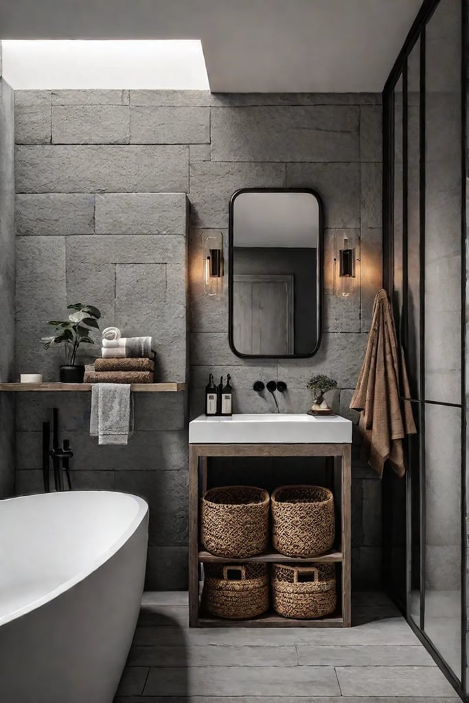 A rustic shower with woven baskets containing towels and bath accessories