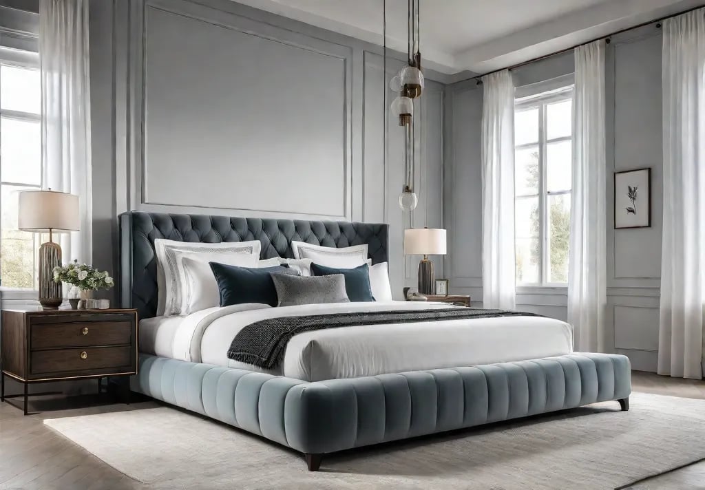 A serene bedroom with minimalist decor featuring a plush bed with afeat