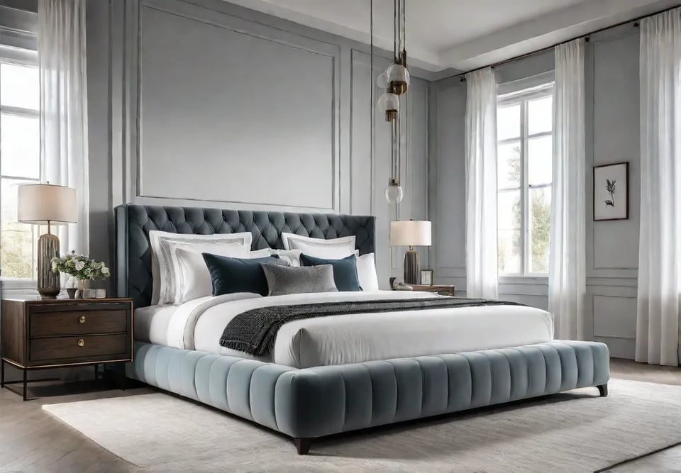 A serene bedroom with minimalist decor featuring a plush bed with afeat