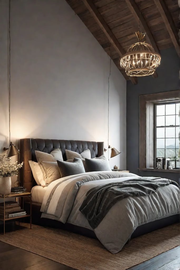A sheepskin rug in a rustic bedroom reading nook