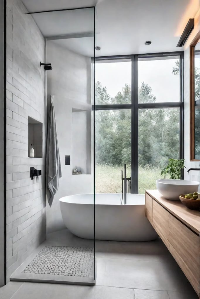 A shower with a builtin niche and recessed lighting