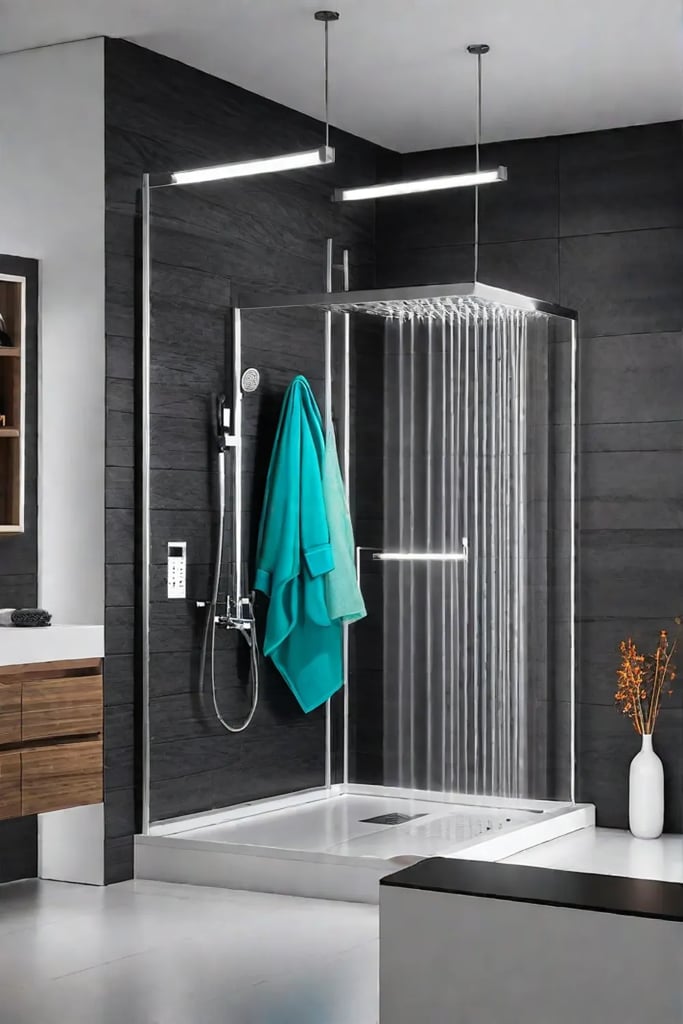 A shower with a hanging organizer filled with colorful bath toys