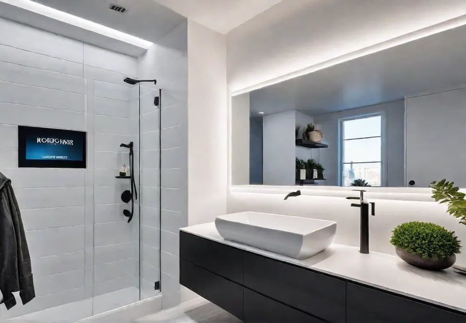A small bathroom with white shiplap walls a sleek floating vanity withfeat