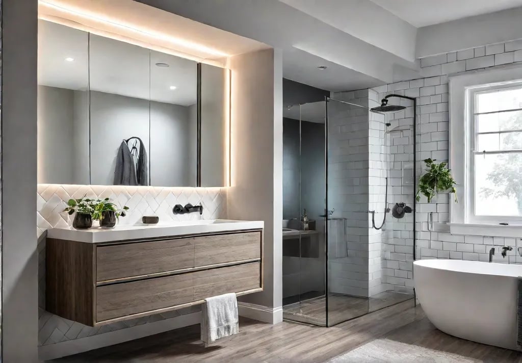 A small bathroom with white subway tiles a floating vanity with drawersfeat