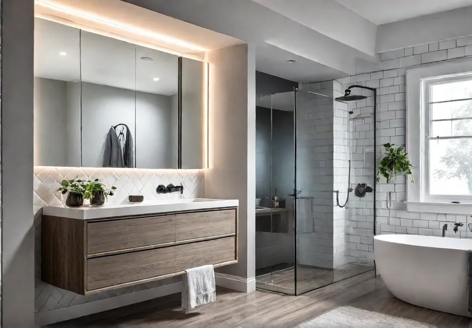 A small bathroom with white subway tiles a floating vanity with drawersfeat