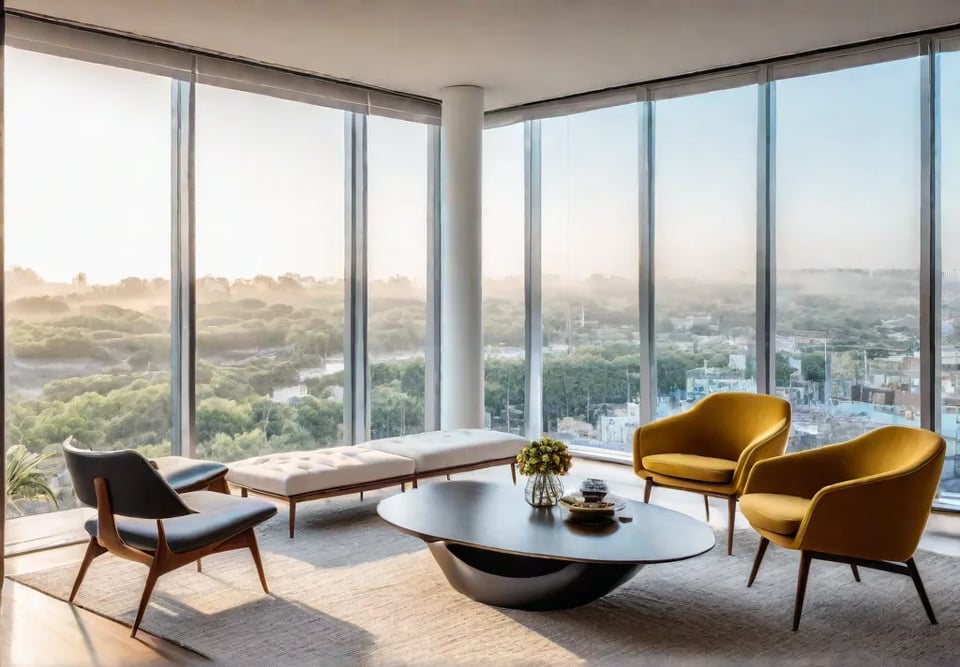 A small living room bathed in natural light featuring a minimalist designfeat