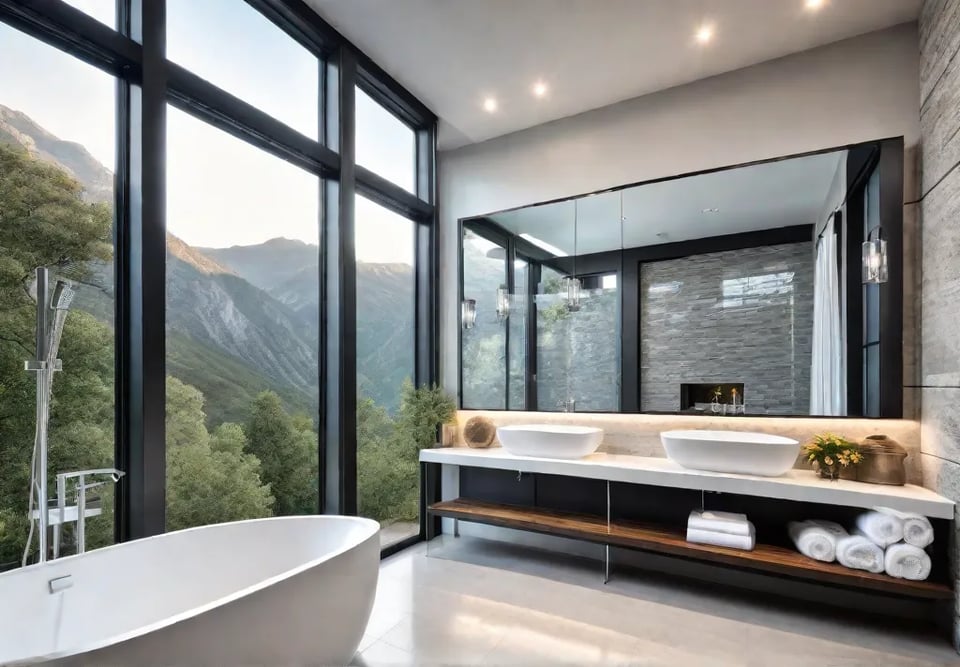 A spacious bathroom with a curbless walkin shower featuring natural stone wallsfeat