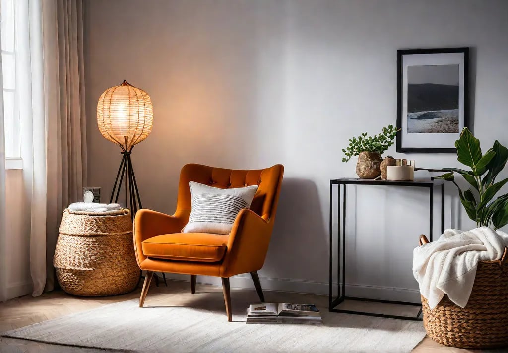 A sundrenched bedroom corner transformed into a cozy reading nook featuring afeat