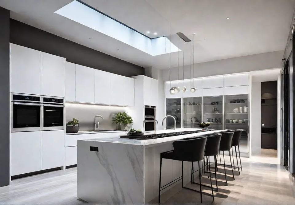 A sunlit kitchen with white cabinets and a large granite island countertopfeat