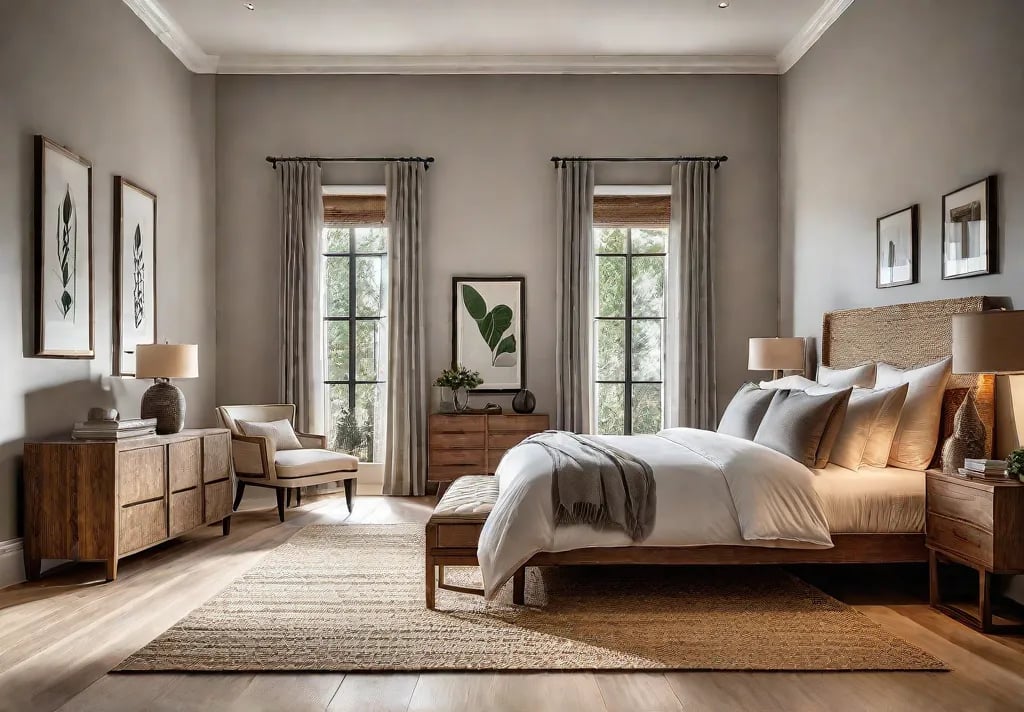 A sunlit rustic bedroom with a queensized bed wooden nightstands and afeat