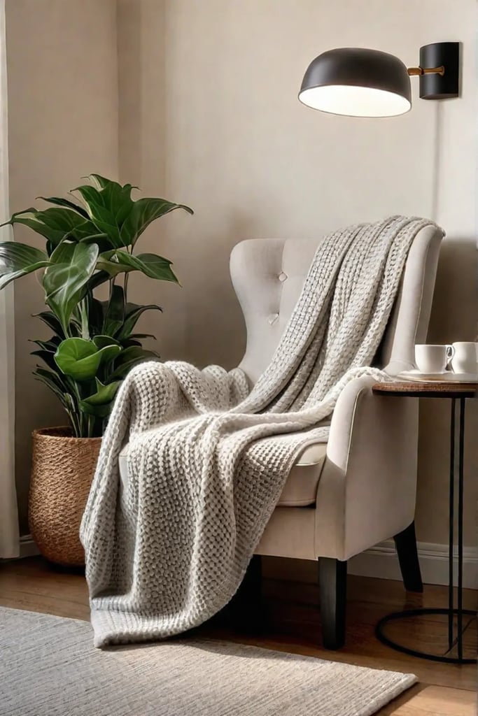 A bedroom corner transformed into a relaxing reading space with a floor lamp and fairy lights
