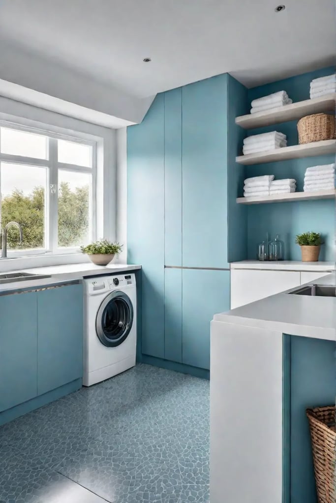 A bright and airy laundry room with light blue walls and open shelving